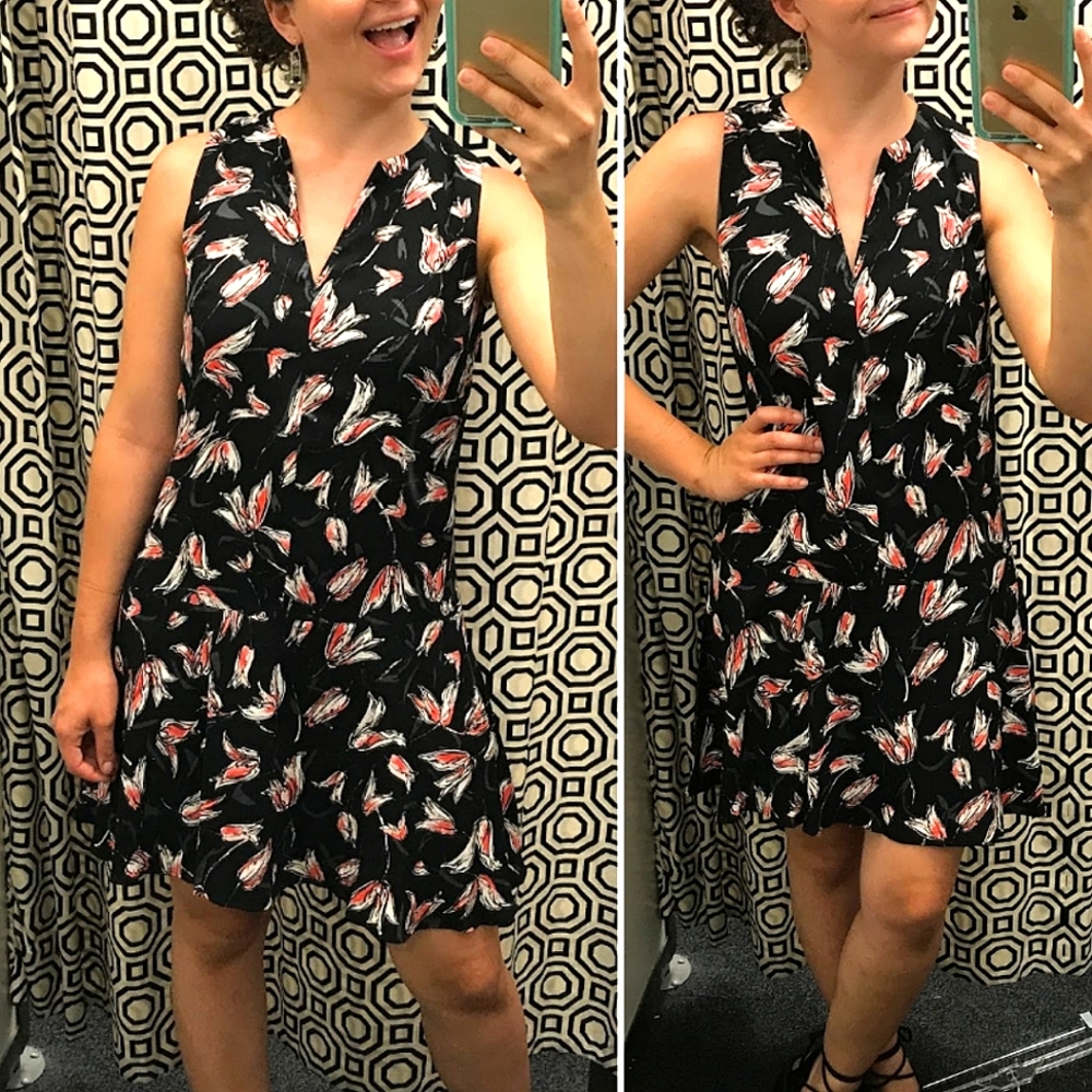LOFT Drop Waist Floral Black Pink Mini Dress sz XS